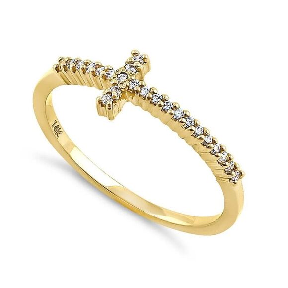 New Solid 14K Yellow Gold Cross 0.13 ct. Diamond Ring - Picture 1 of 4